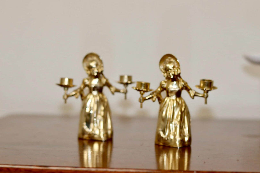 Pair of Vintage Swedish Brass Doll Candleholders