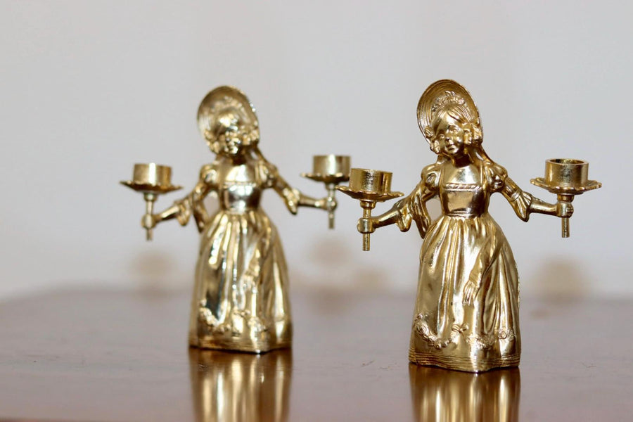 Pair of Vintage Swedish Brass Doll Candleholders