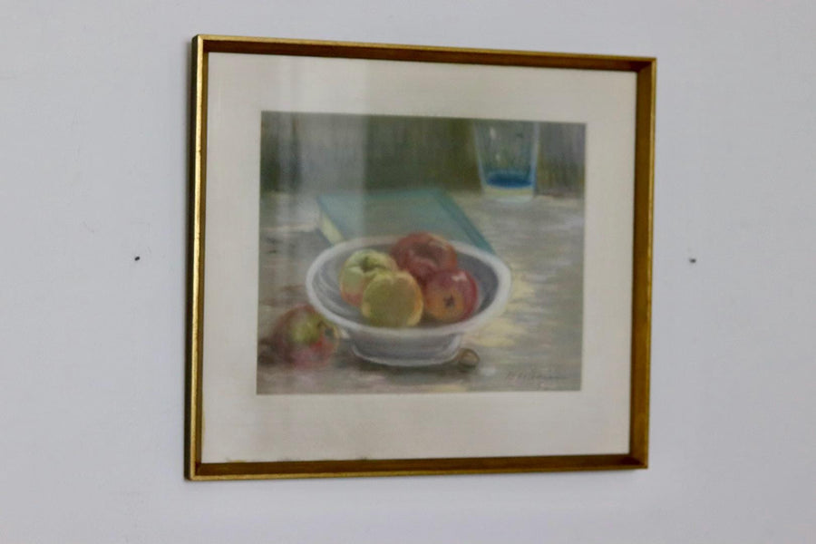 Swedish Mid-Century Pastel on Paper Painting" Still Life with Fruit Bowl "