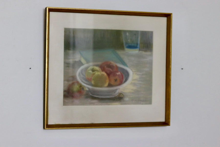 Swedish Mid-Century Pastel on Paper Painting" Still Life with Fruit Bowl "