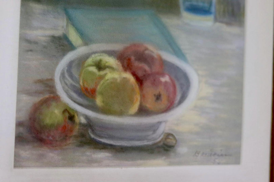 Swedish Mid-Century Pastel on Paper Painting" Still Life with Fruit Bowl "