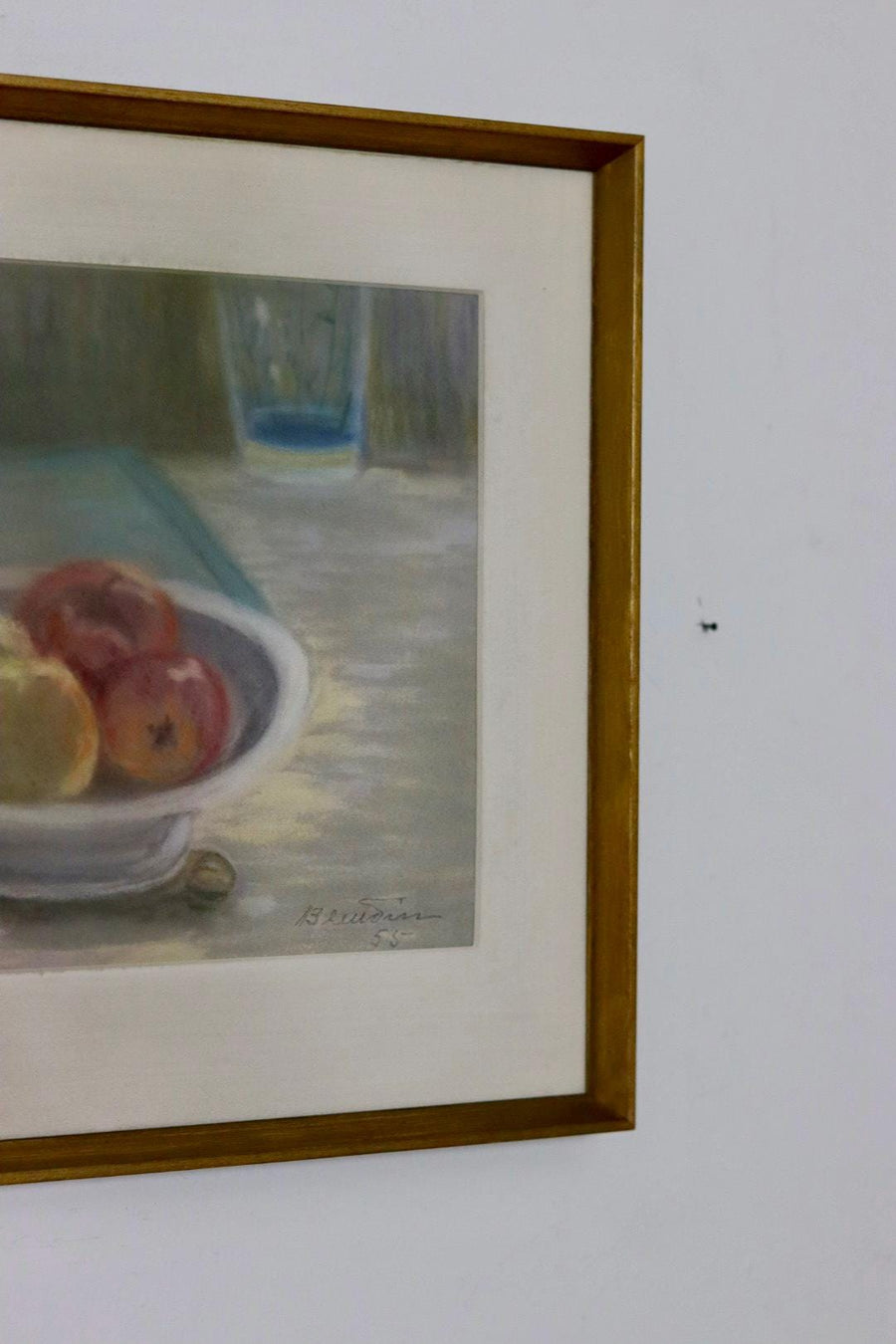 Swedish Mid-Century Pastel on Paper Painting" Still Life with Fruit Bowl "