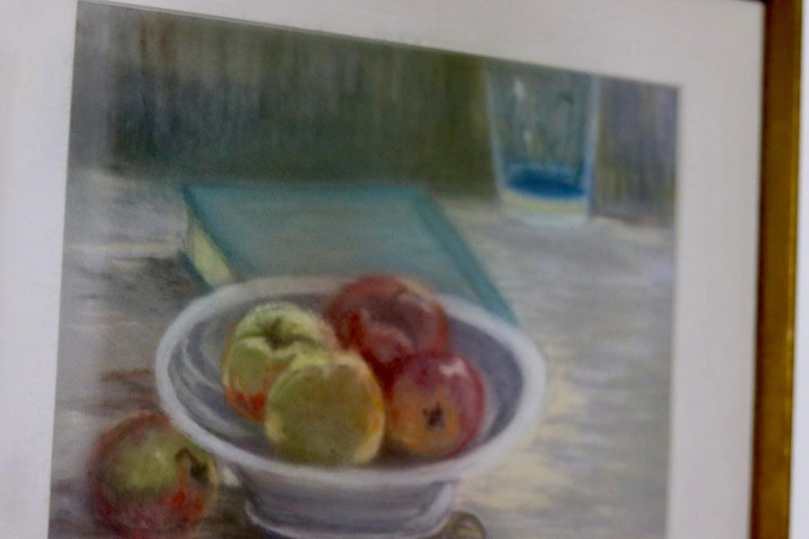 Swedish Mid-Century Pastel on Paper Painting" Still Life with Fruit Bowl "