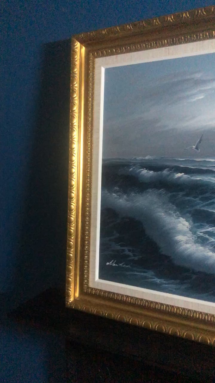 Original Large Swedish Modernist Oil on Canvas " waves" by Alan Kirsch -  Vintage & Framed