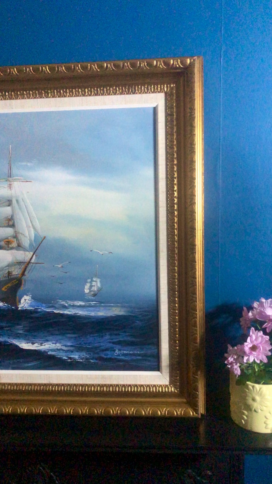 Original Large Swedish Modernist Oil on Canvas"Ship and Waves" by Bo Olsson. -  Vintage & Framed