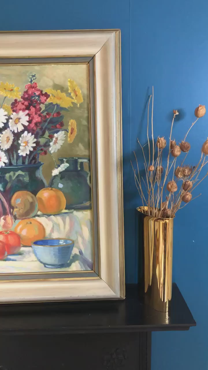 Original Large Swedish Mid-Century Oil on Panel" Still Life Flower and Fruits" by Erik Jemhte (1876-1952) -  Vintage & Framed