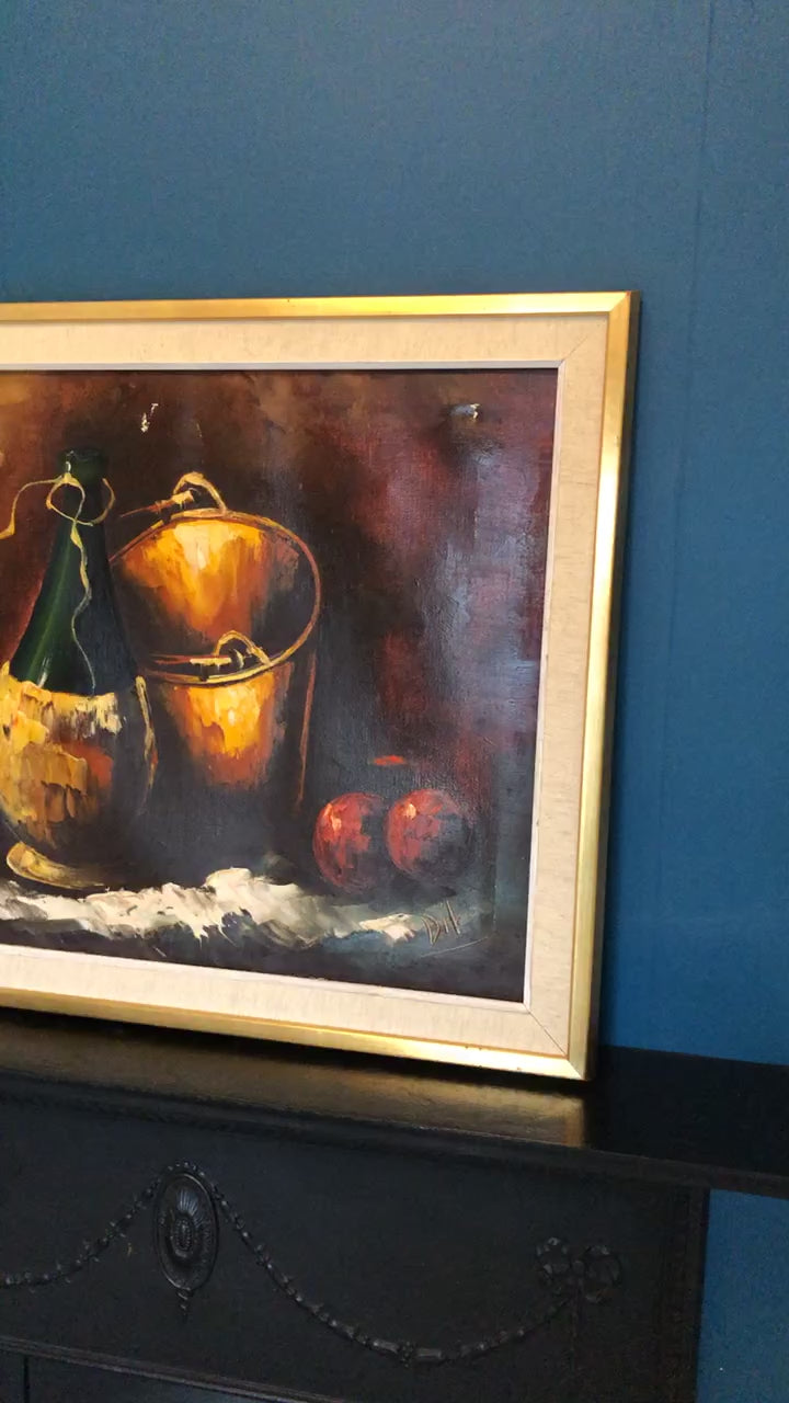 Original Dutch Modernist Oil Painting"Still Life With Champagne Bottle" by Pieter Dik (HOLLAND, 1943-1984). -  Vintage & Framed