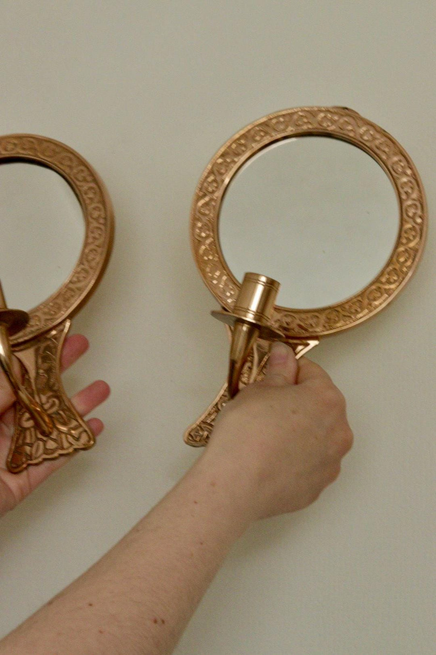Pair of Mid Century Swedish Brass Sconces with Mirror