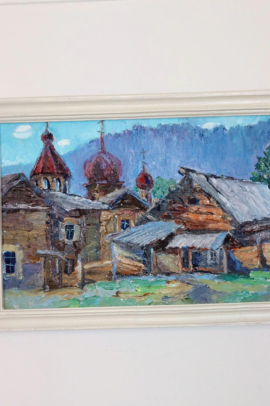 Original Mid Century Oil on Panel – “Church and Huts”