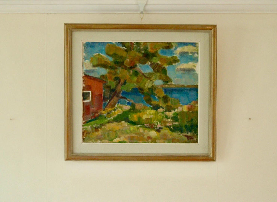 Mid-20th Century Original Landscape Oil Painting on Panel – Coastal Lake Scene