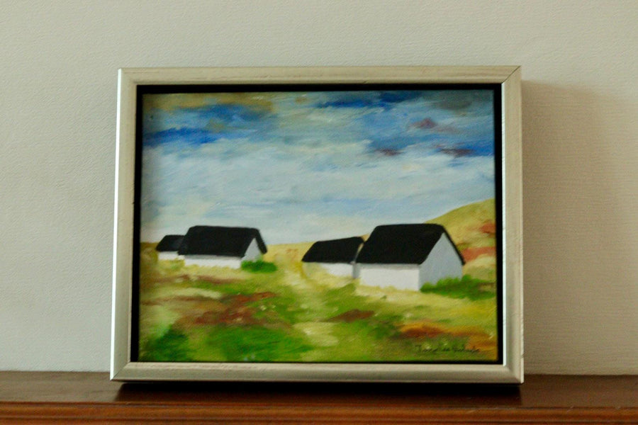 Mid-Century Original Swedish Oil on Panel "Houses"