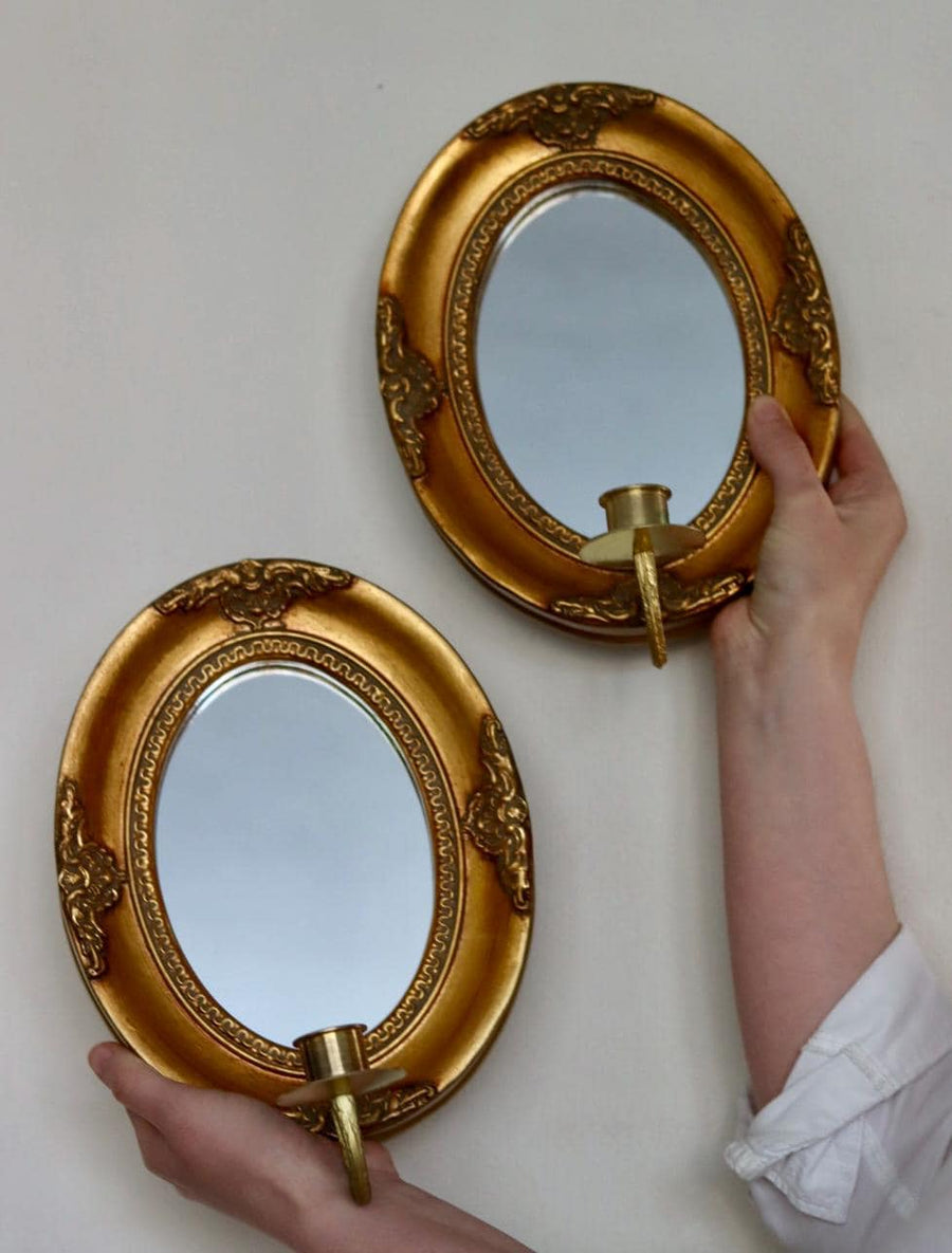 Pair of Mid Century Swedish Gilded Wooden Sconces with Mirror