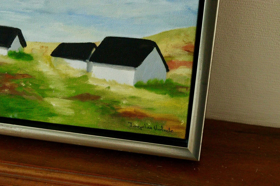 Mid-Century Original Swedish Oil on Panel "Houses"