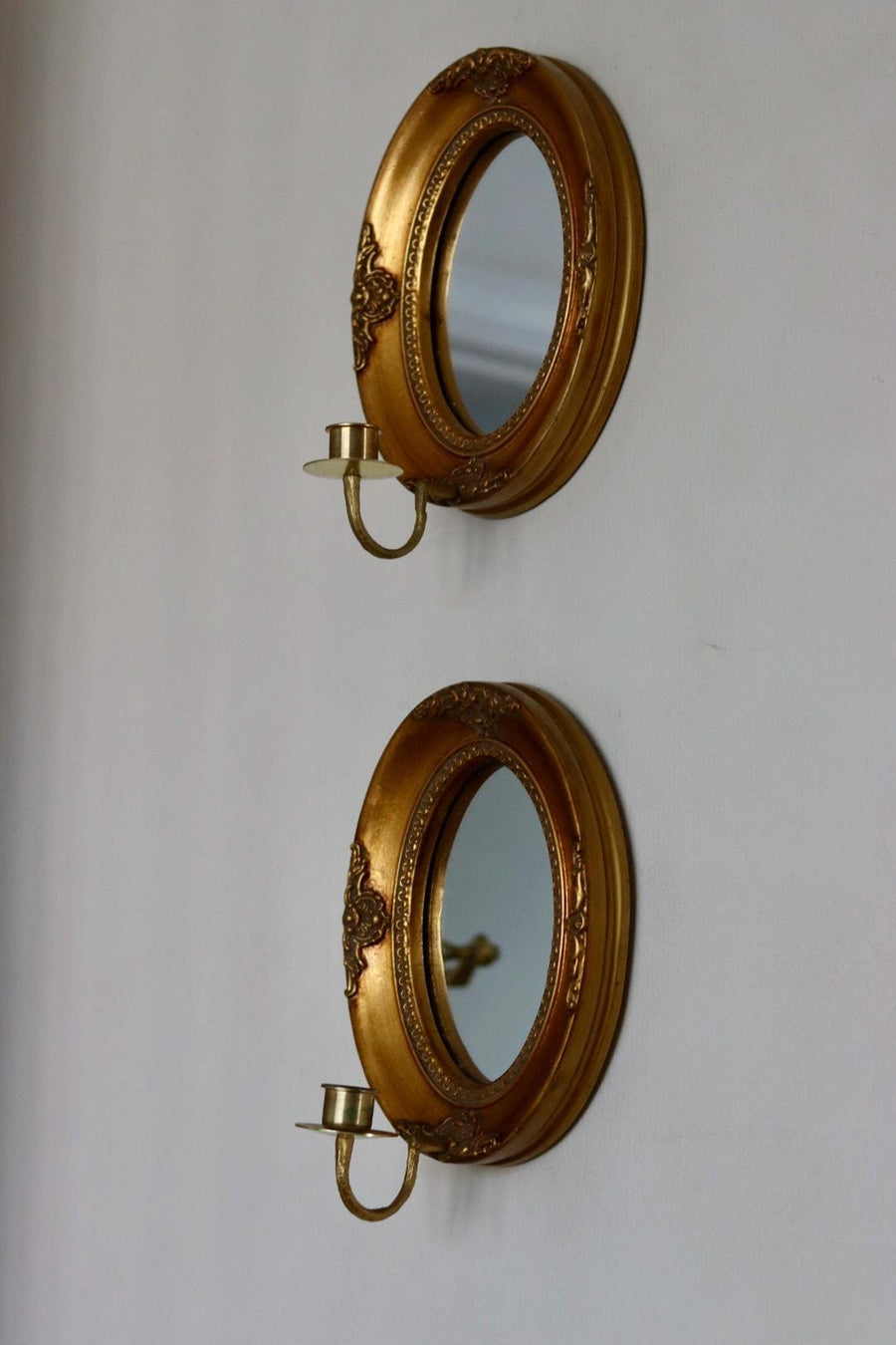Pair of Mid Century Swedish Gilded Wooden Sconces with Mirror
