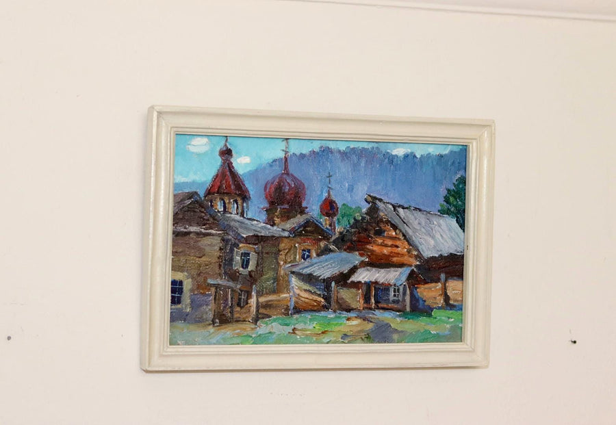 Original Mid Century Oil on Panel – “Church and Huts”