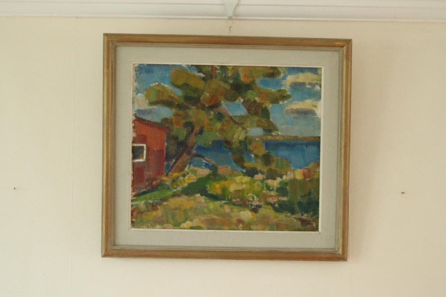 Mid-20th Century Original Landscape Oil Painting on Panel – Coastal Lake Scene