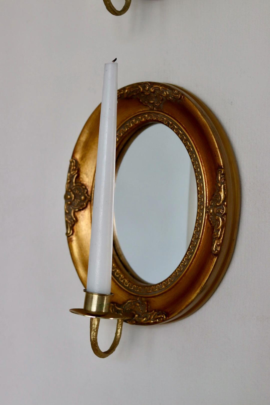 Pair of Mid Century Swedish Gilded Wooden Sconces with Mirror