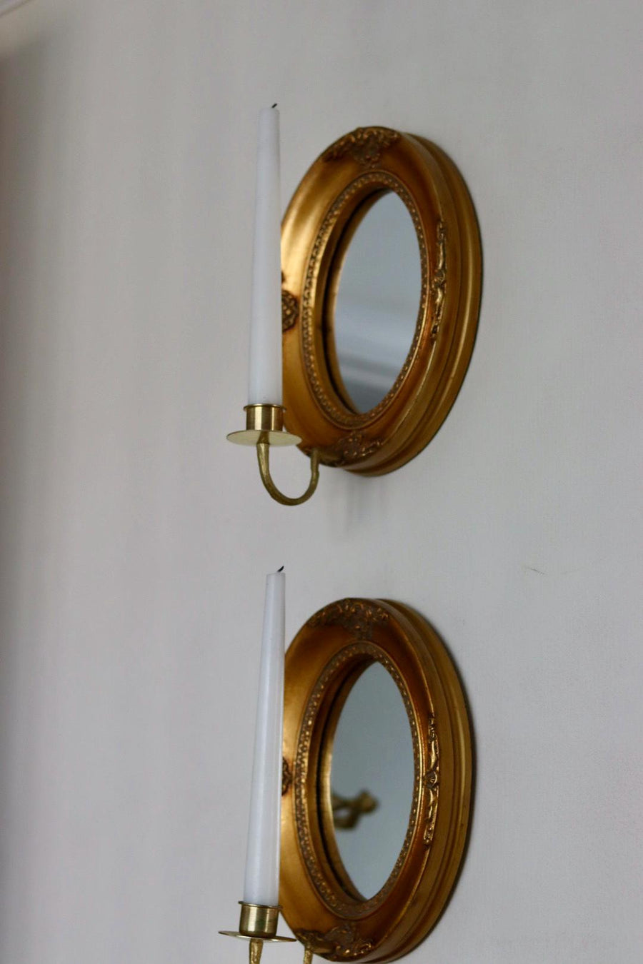 Pair of Mid Century Swedish Gilded Wooden Sconces with Mirror