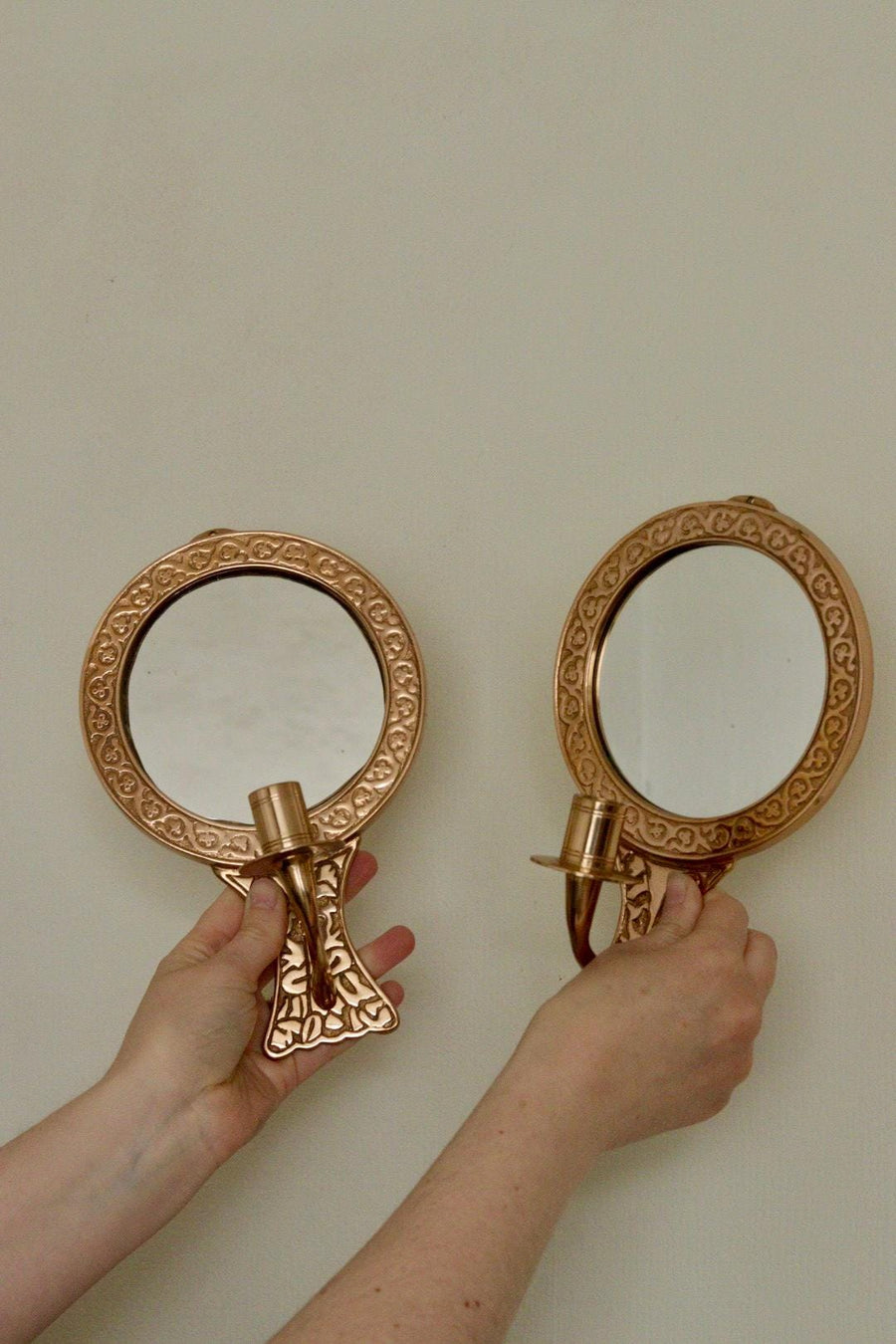 Pair of Mid Century Swedish Brass Sconces with Mirror