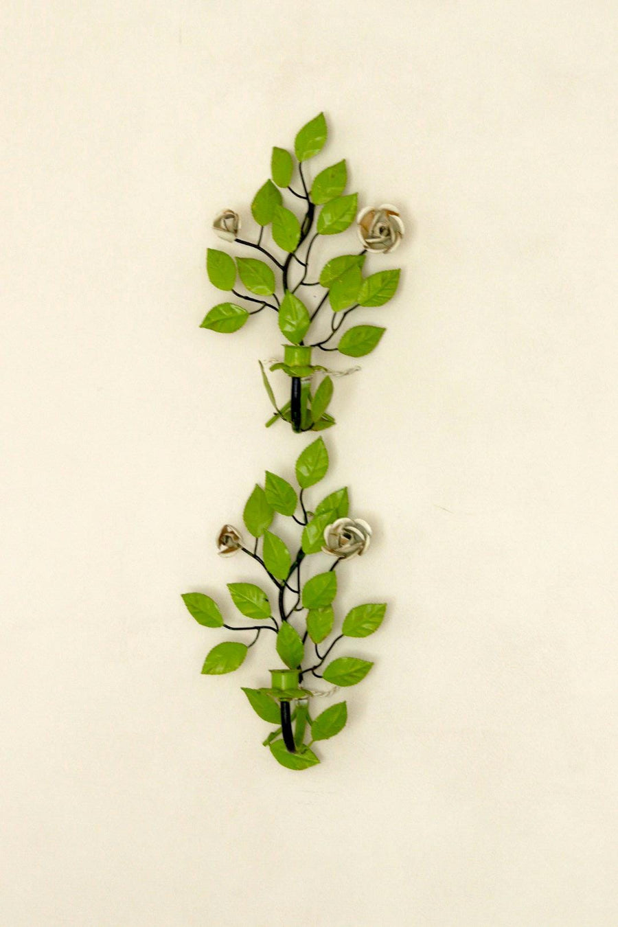 Pair of Vintage Green Metal Wall Sconce – Leaf-Shaped
