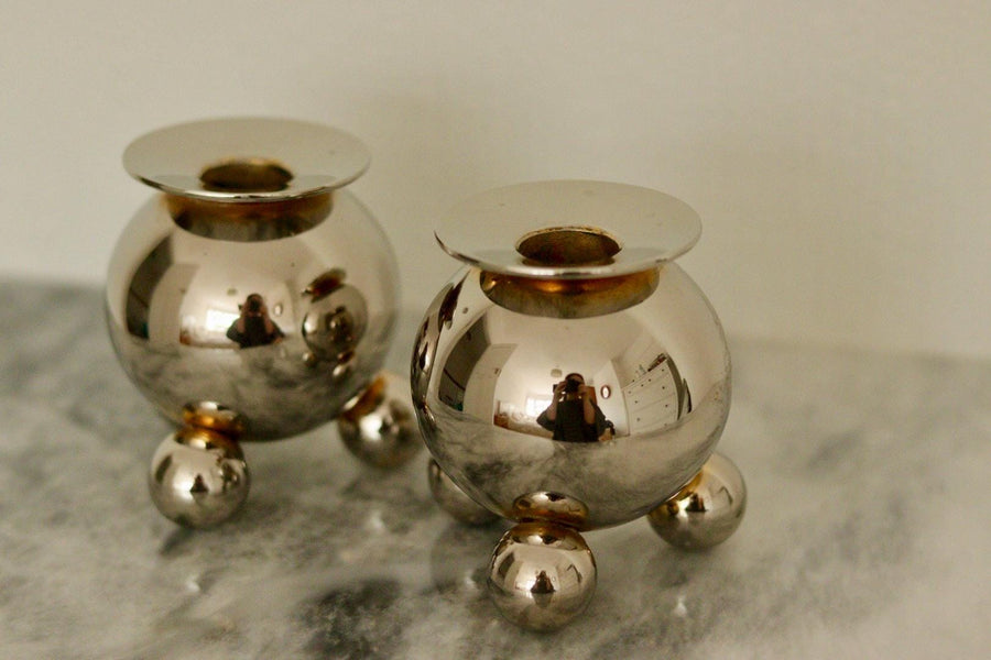 Pair of Mid-Century Swedish Heavy Nickel Candle Holders by Gusum