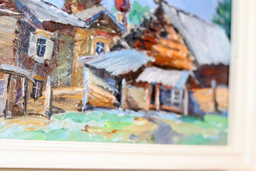 Original Mid Century Oil on Panel – “Church and Huts”