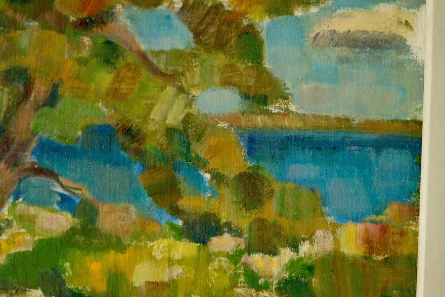 Mid-20th Century Original Landscape Oil Painting on Panel – Coastal Lake Scene
