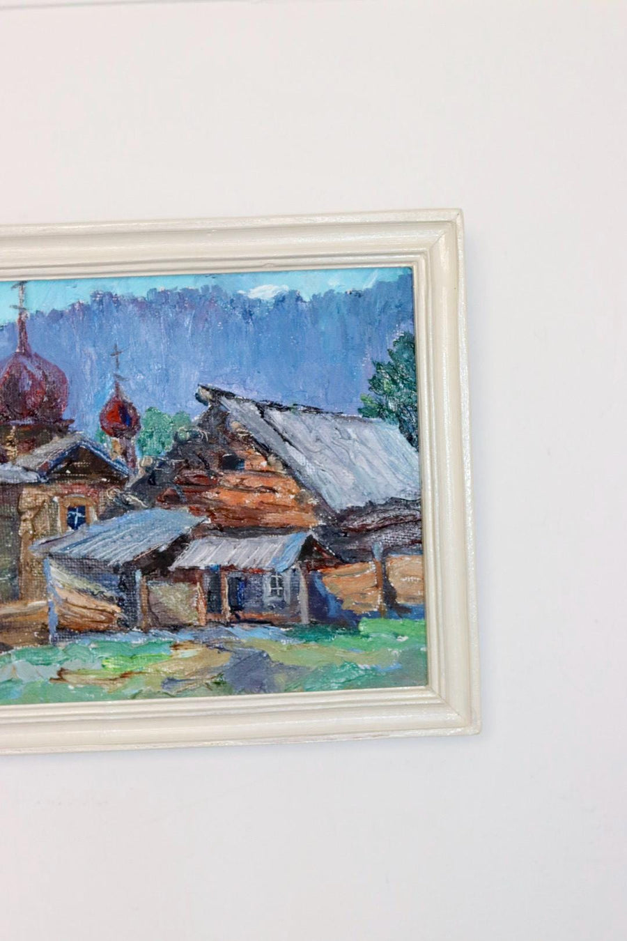 Original Mid Century Oil on Panel – “Church and Huts”