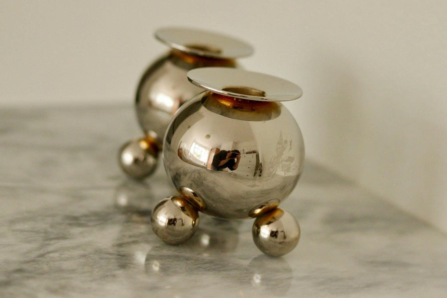 Pair of Mid-Century Swedish Heavy Nickel Candle Holders by Gusum