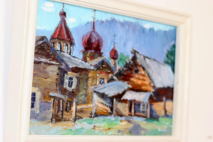 Original Mid Century Oil on Panel – “Church and Huts”