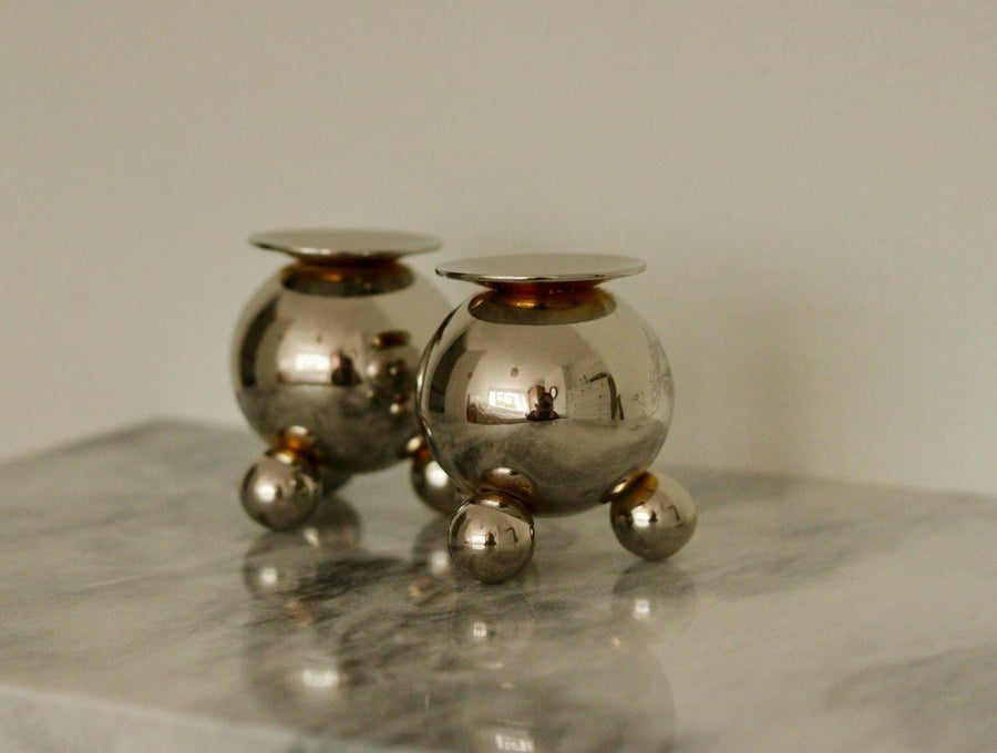 Pair of Mid-Century Swedish Heavy Nickel Candle Holders by Gusum