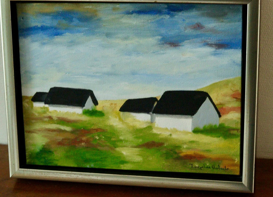 Mid-Century Original Swedish Oil on Panel "Houses"