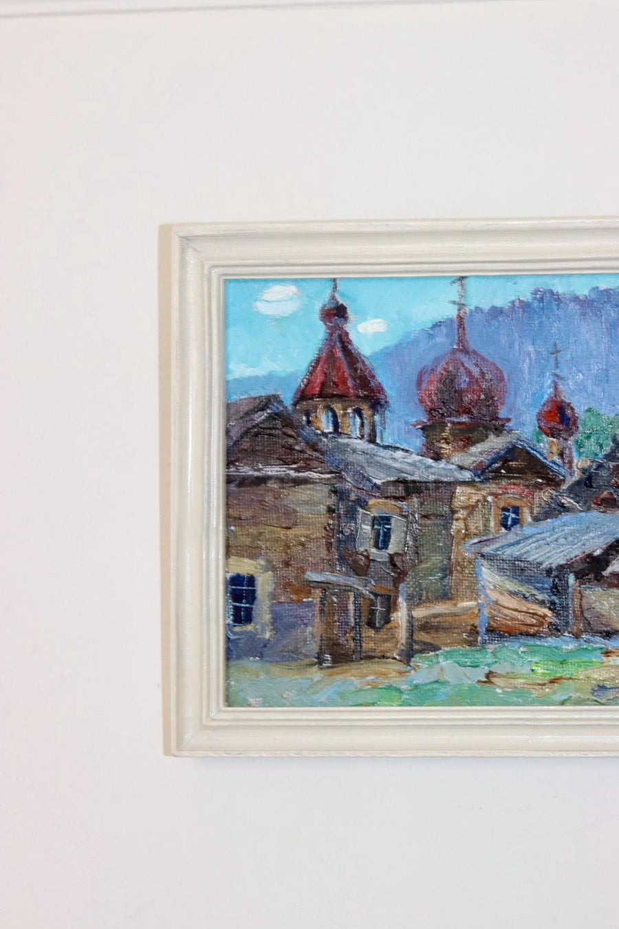Original Mid Century Oil on Panel – “Church and Huts”