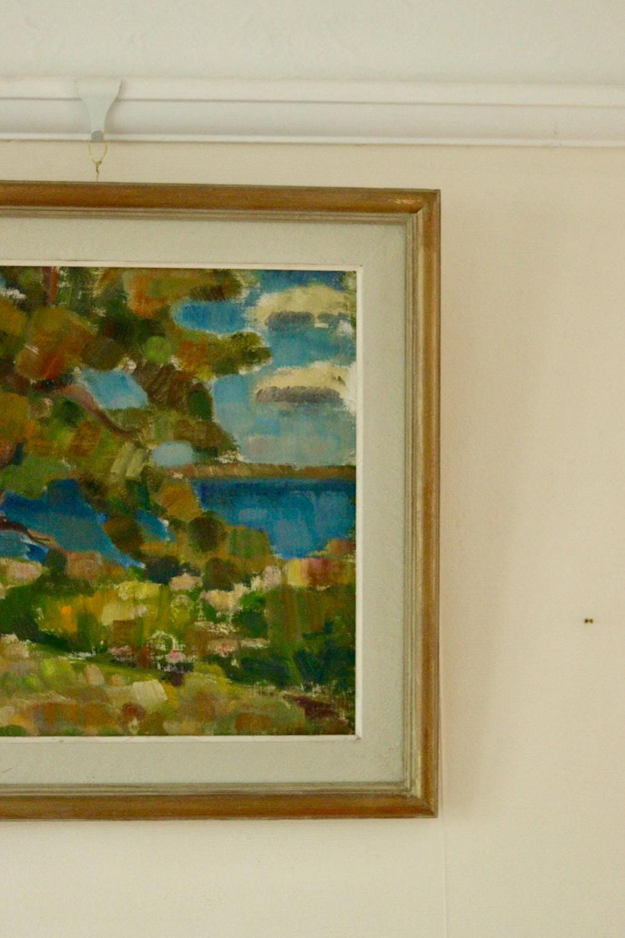Mid-20th Century Original Landscape Oil Painting on Panel – Coastal Lake Scene