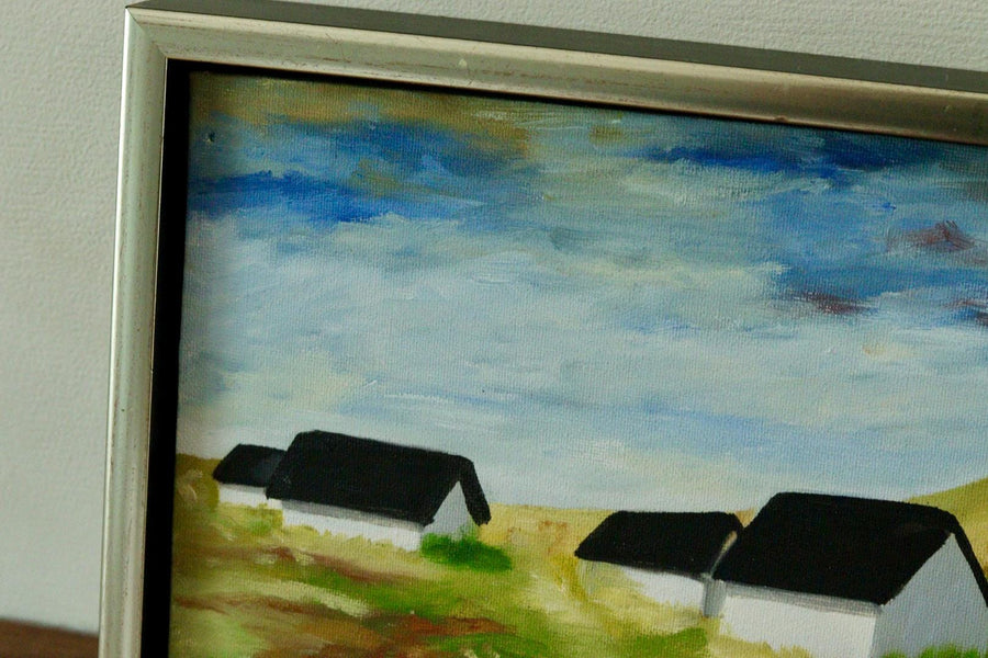 Mid-Century Original Swedish Oil on Panel "Houses"