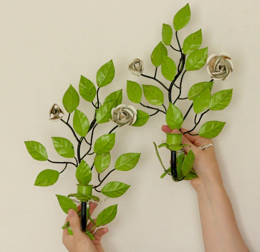 Pair of Vintage Green Metal Wall Sconce – Leaf-Shaped