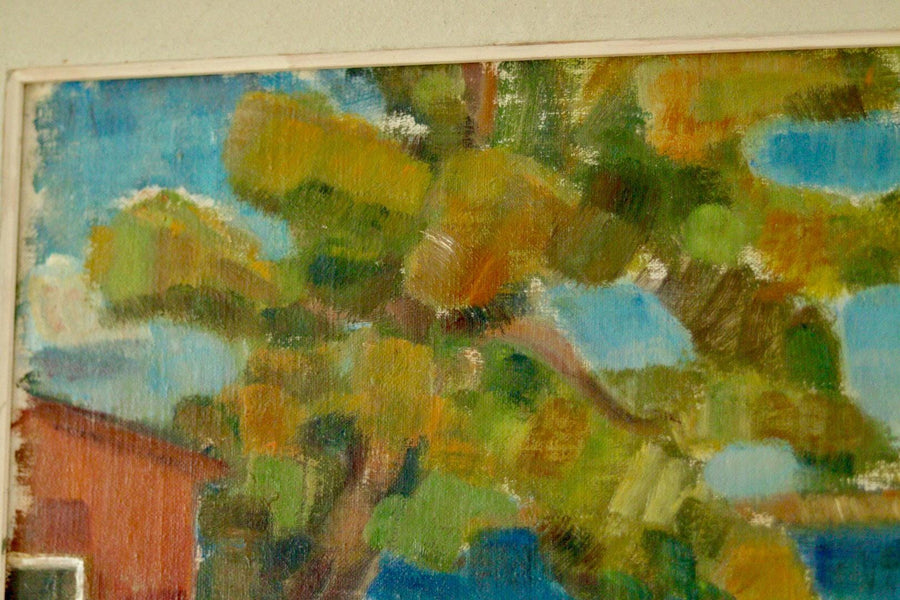 Mid-20th Century Original Landscape Oil Painting on Panel – Coastal Lake Scene