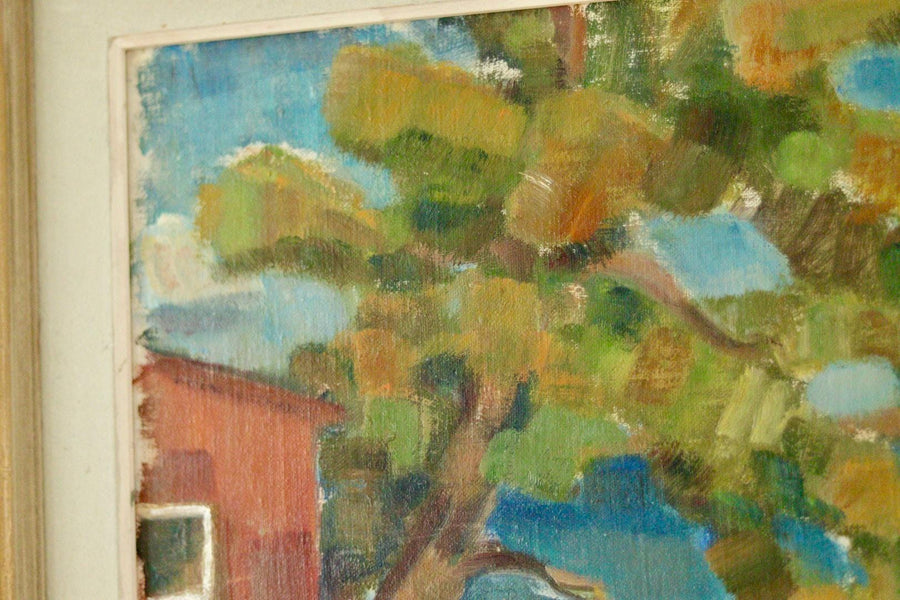 Mid-20th Century Original Landscape Oil Painting on Panel – Coastal Lake Scene