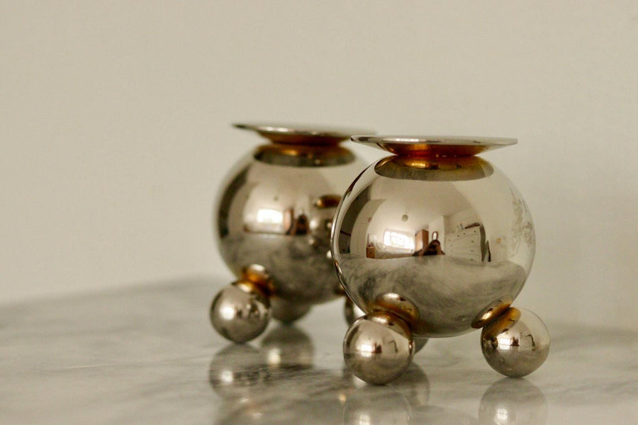 Pair of Mid-Century Swedish Heavy Nickel Candle Holders by Gusum