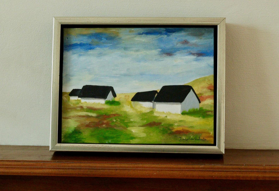 Mid-Century Original Swedish Oil on Panel "Houses"
