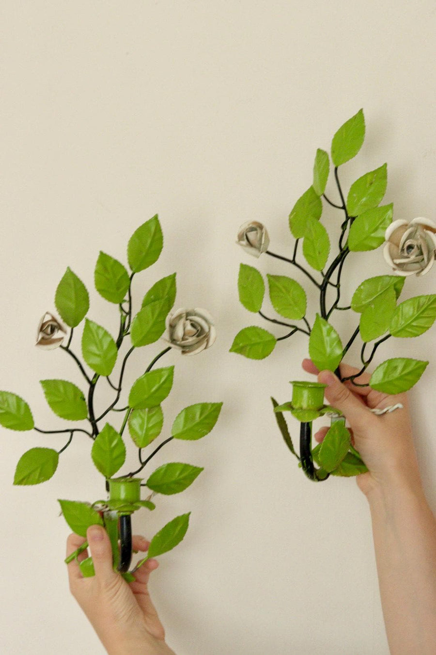 Pair of Vintage Green Metal Wall Sconce – Leaf-Shaped