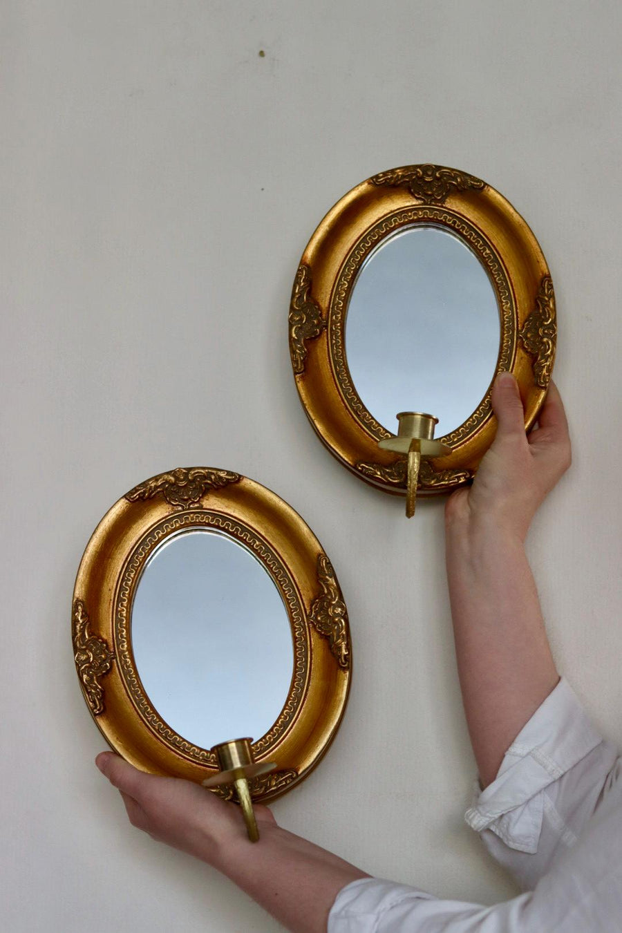 Pair of Mid Century Swedish Gilded Wooden Sconces with Mirror