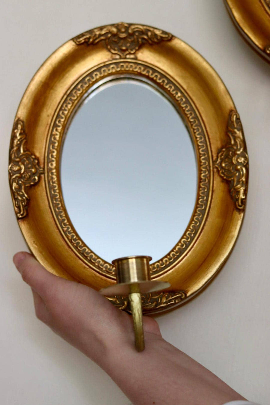 Pair of Mid Century Swedish Gilded Wooden Sconces with Mirror