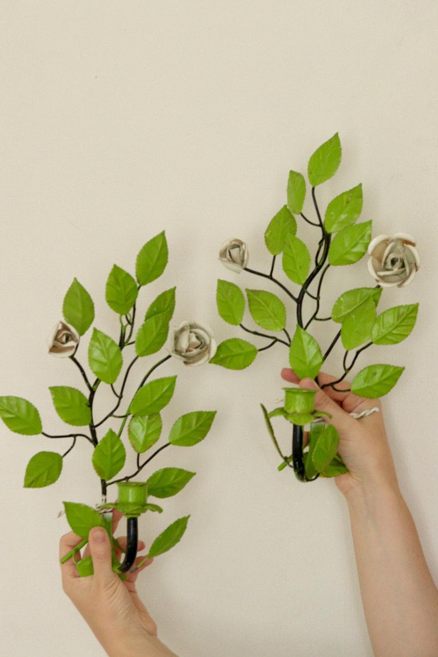Pair of Vintage Green Metal Wall Sconce – Leaf-Shaped