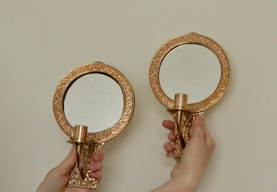 Pair of Mid Century Swedish Brass Sconces with Mirror