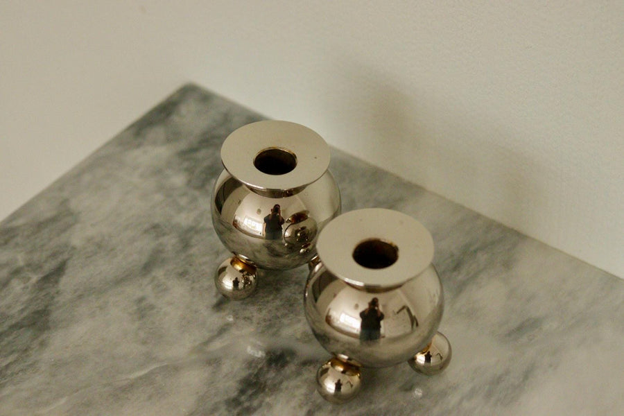 Pair of Mid-Century Swedish Heavy Nickel Candle Holders by Gusum