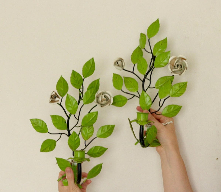 Pair of Vintage Green Metal Wall Sconce – Leaf-Shaped