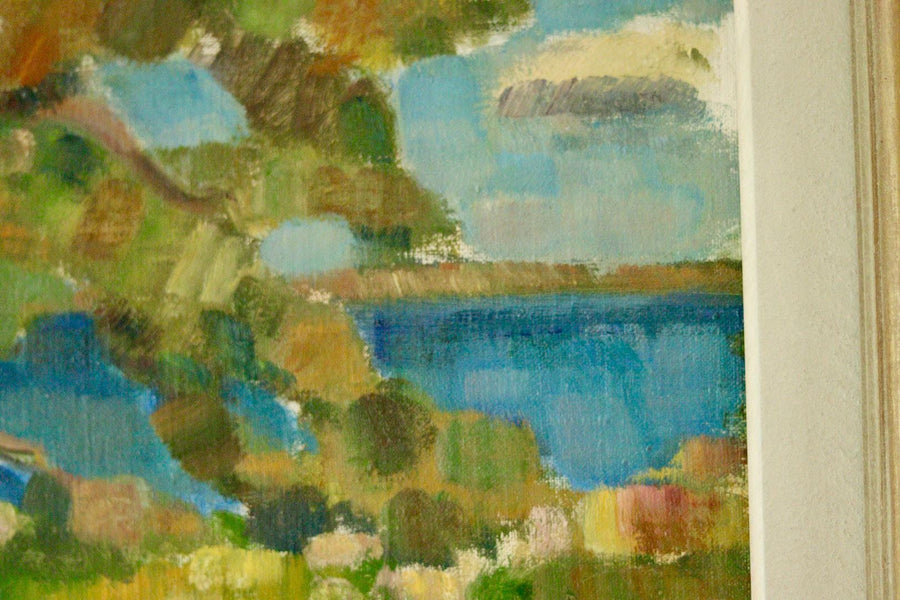 Mid-20th Century Original Landscape Oil Painting on Panel – Coastal Lake Scene
