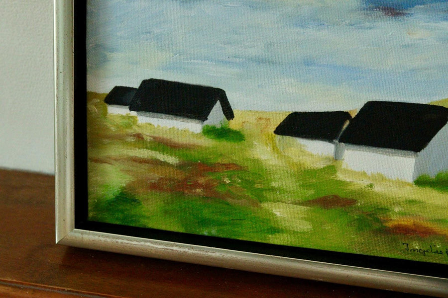 Mid-Century Original Swedish Oil on Panel "Houses"