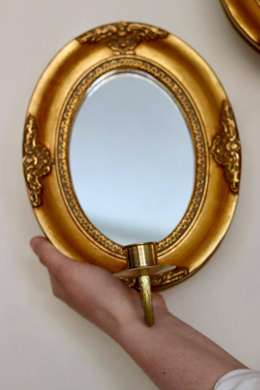 Pair of Mid Century Swedish Gilded Wooden Sconces with Mirror